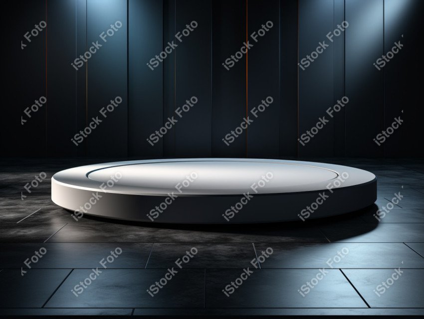Neon white light round podium and black background for mock up,