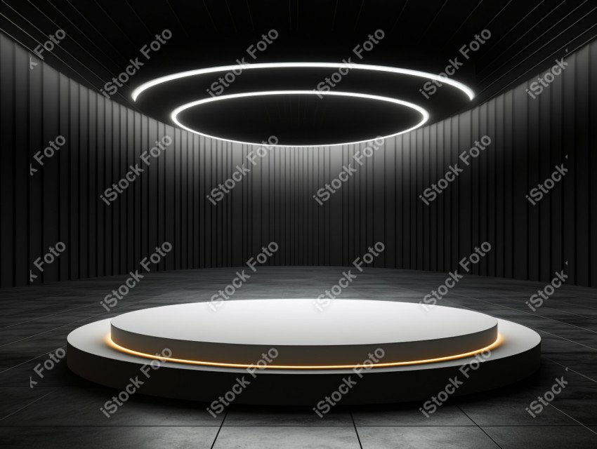 Neon white light round podium and black background for mock up,