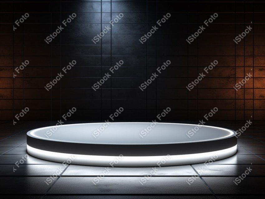 Neon white light round podium and black background for mock up,