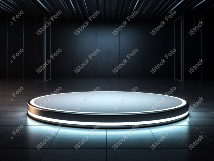 Neon white light round podium and black background for mock up,