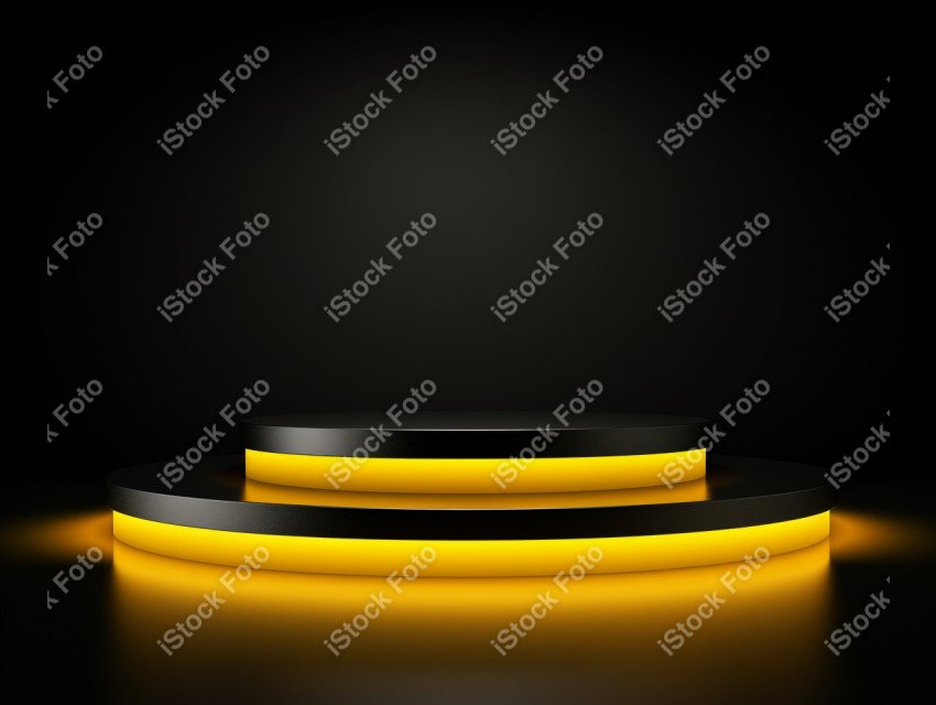 Neon yellow light round podium and black background for mock up,