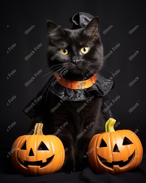 Adorable Black Cat in Halloween Costume with Evil Pumpkins