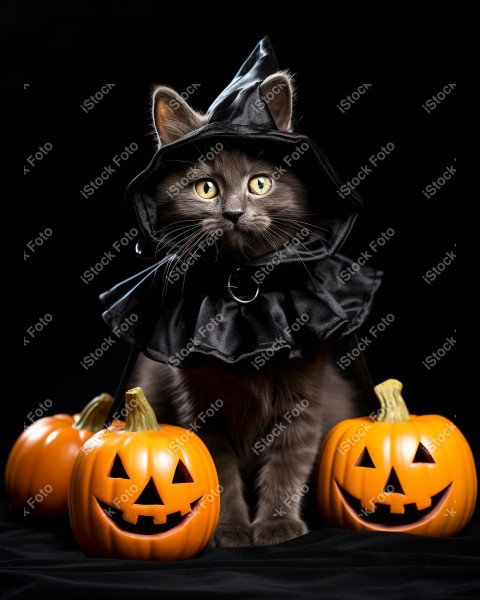 Adorable Black Cat in Halloween Costume with Evil Pumpkins