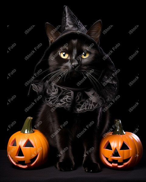 Adorable Black Cat in Halloween Costume with Evil Pumpkins