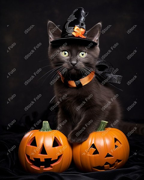Adorable Black Cat in Halloween Costume with Evil Pumpkins