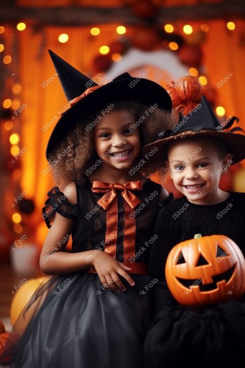 Happy halloween children in costumes and makeup holiday happy ha