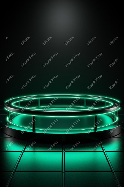 Neon Green light round podium and black background for mock up,