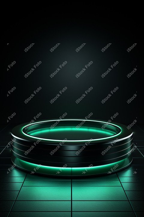 Neon Green light round podium and black background for mock up,