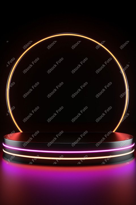 Neon Light round podium and black background for mock up, Black