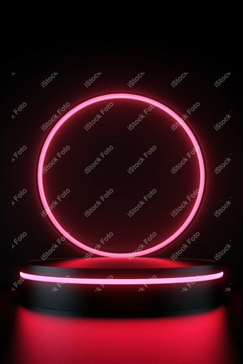 Neon Light round podium and black background for mock up, Black