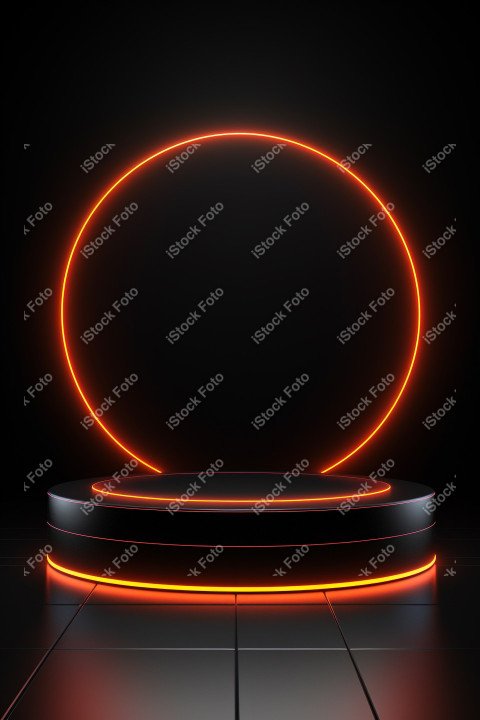 Neon Light round podium and black background for mock up, Black