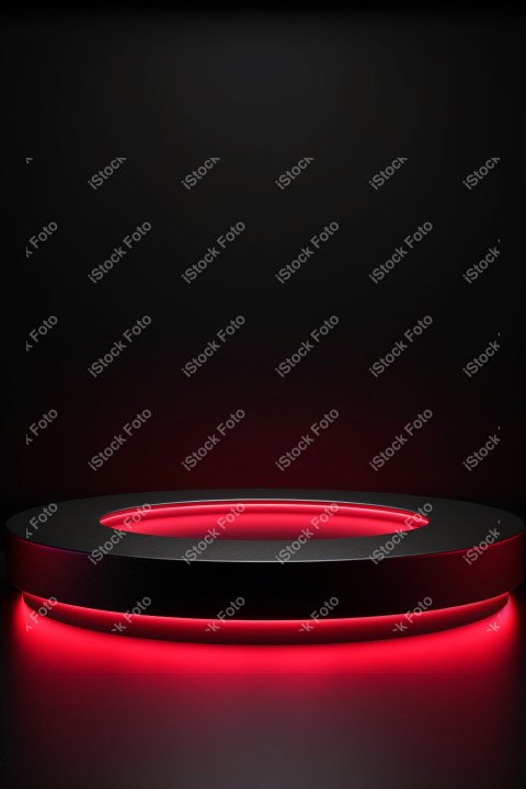 Neon Red light round podium and black background for mock up, Bl