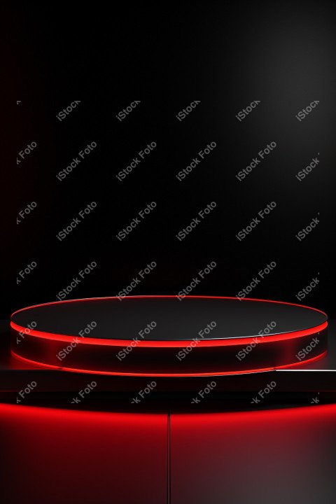 Neon Red light round podium and black background for mock up, Bl
