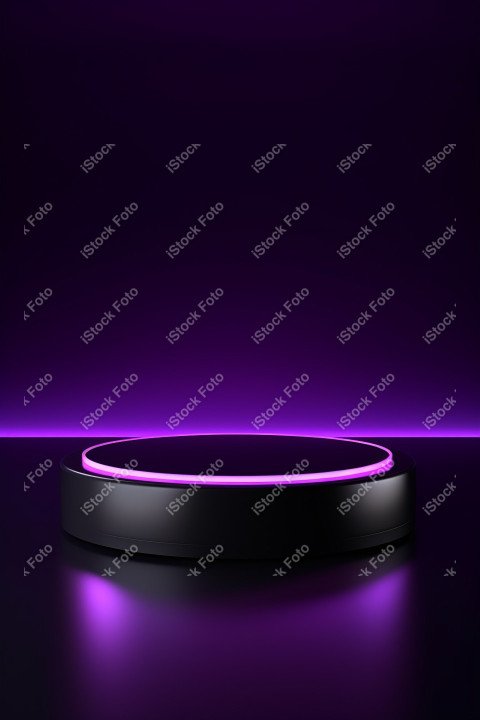 Neon Violet light round podium and black background for mock up,