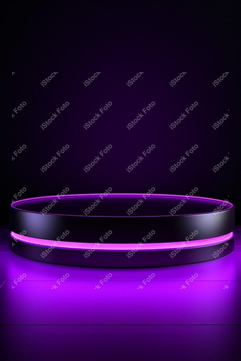 Neon Violet light round podium and black background for mock up,