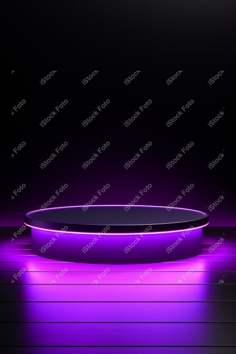 Neon Violet light round podium and black background for mock up,