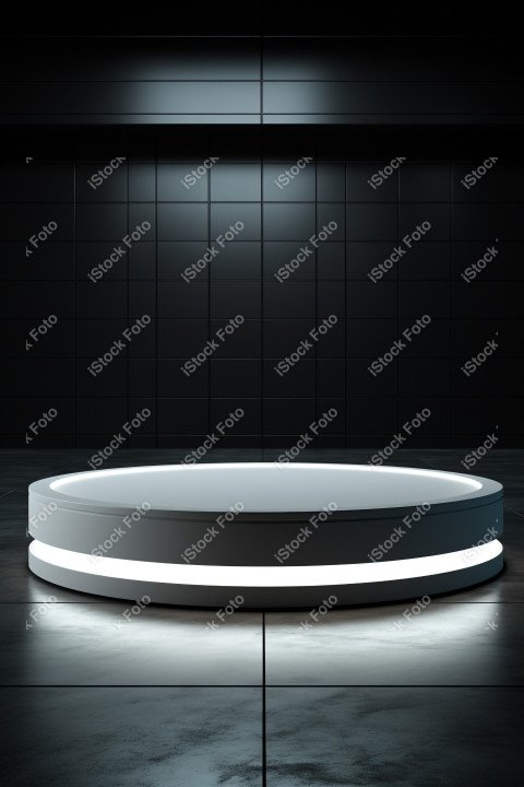 Neon white light round podium and black background for mock up,