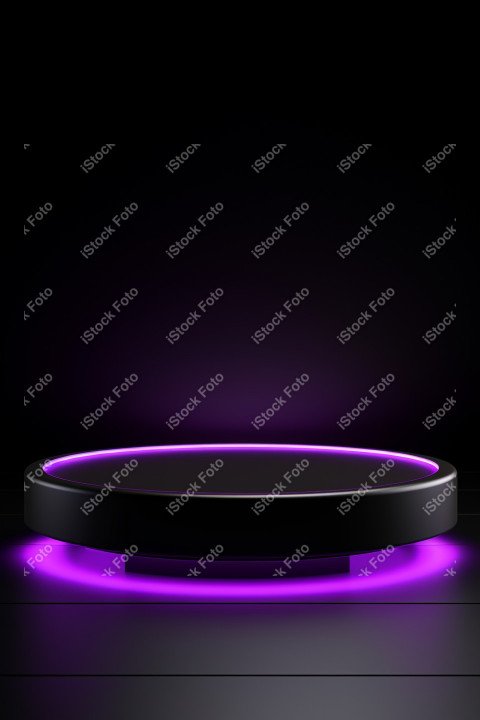 Neon Violet light round podium and black background for mock up,