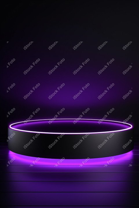 Neon Violet light round podium and black background for mock up,