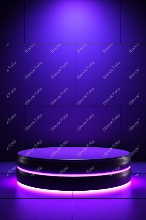 Neon Violet light round podium and black background for mock up,