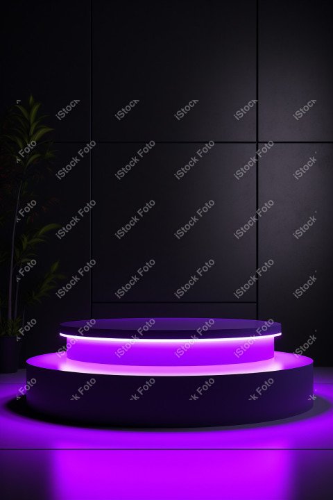 Neon Violet light round podium and black background for mock up,