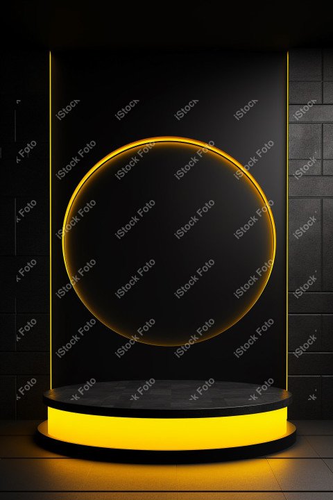 Neon yellow light round podium and black background for mock up,