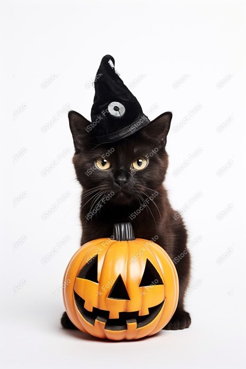 Adorable Black Cat in Halloween Costume with Evil Pumpkins