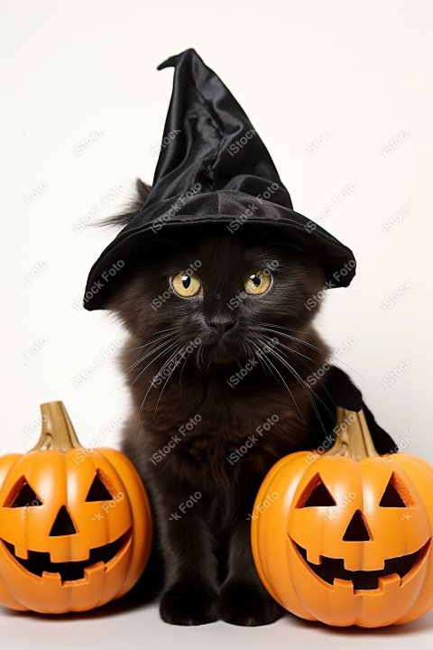 Adorable Black Cat in Halloween Costume with Evil Pumpkins
