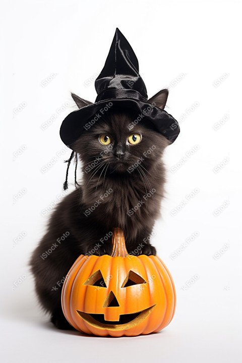 Adorable Black Cat in Halloween Costume with Evil Pumpkins