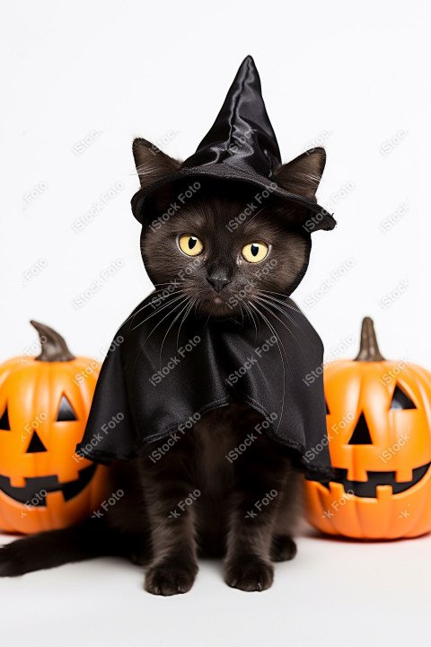 Adorable Black Cat in Halloween Costume with Evil Pumpkins