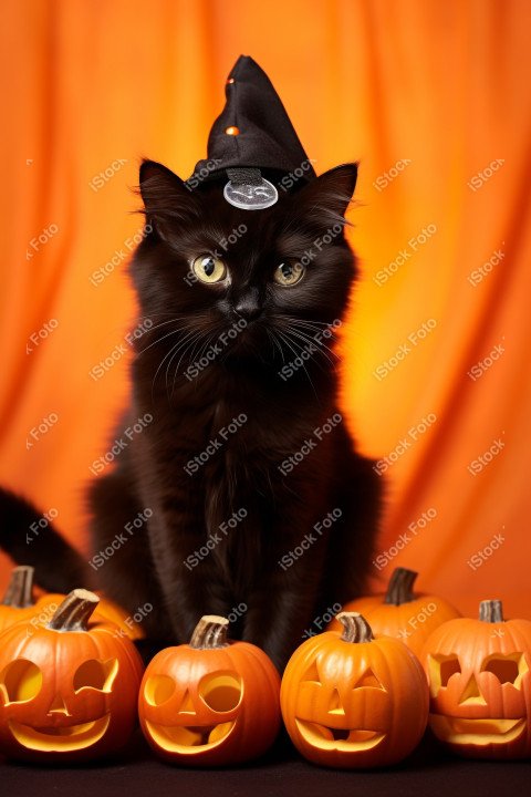 Adorable Black Cat in Halloween Costume with Evil Pumpkins