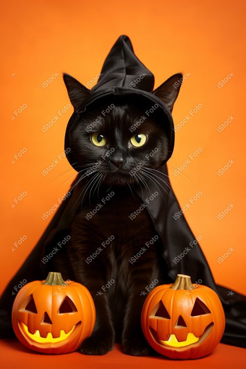 Adorable Black Cat in Halloween Costume with Evil Pumpkins