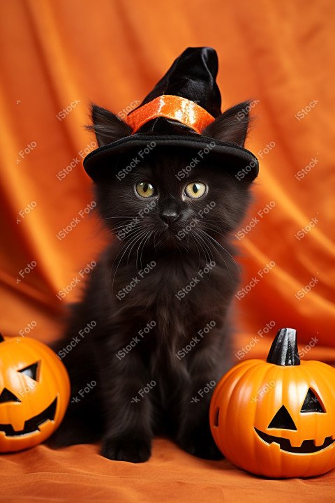 Adorable Black Cat in Halloween Costume with Evil Pumpkins