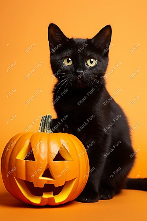 Adorable Black Cat in Halloween Costume with Evil Pumpkins