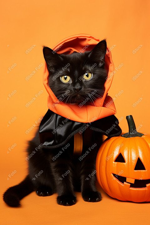 Adorable Black Cat in Halloween Costume with Evil Pumpkins