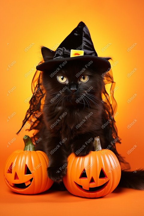 Adorable Black Cat in Halloween Costume with Evil Pumpkins