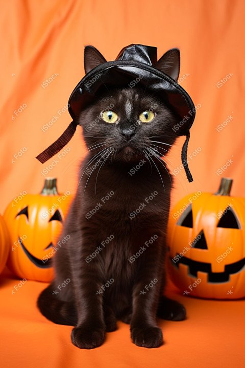 Adorable Black Cat in Halloween Costume with Evil Pumpkins