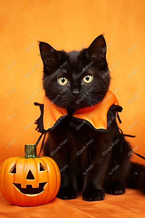Adorable Black Cat in Halloween Costume with Evil Pumpkins