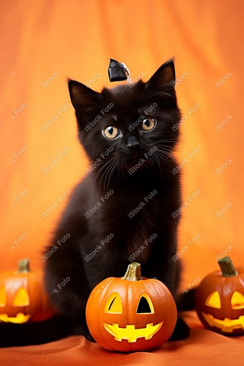 Adorable Black Cat in Halloween Costume with Evil Pumpkins