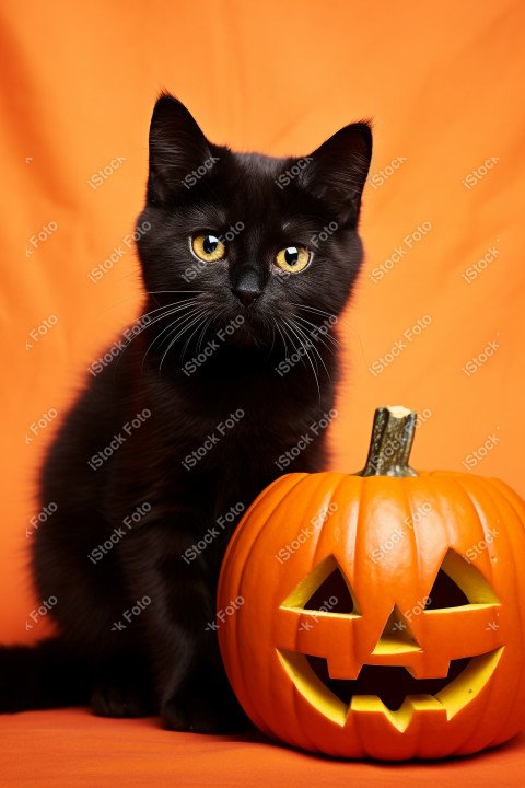 Adorable Black Cat in Halloween Costume with Evil Pumpkins