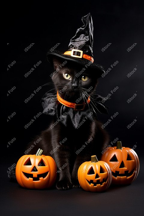 Adorable Black Cat in Halloween Costume with Evil Pumpkins