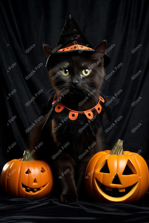 Adorable Black Cat in Halloween Costume with Evil Pumpkins