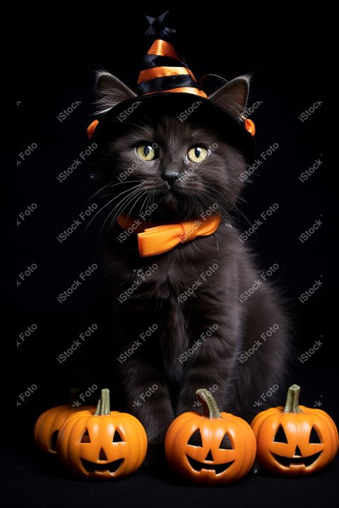 Adorable Black Cat in Halloween Costume with Evil Pumpkins