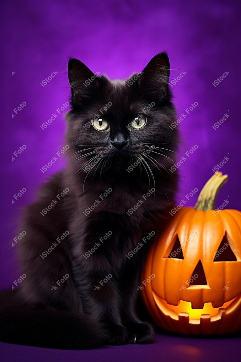 Adorable Black Cat in Halloween Costume with Evil Pumpkins