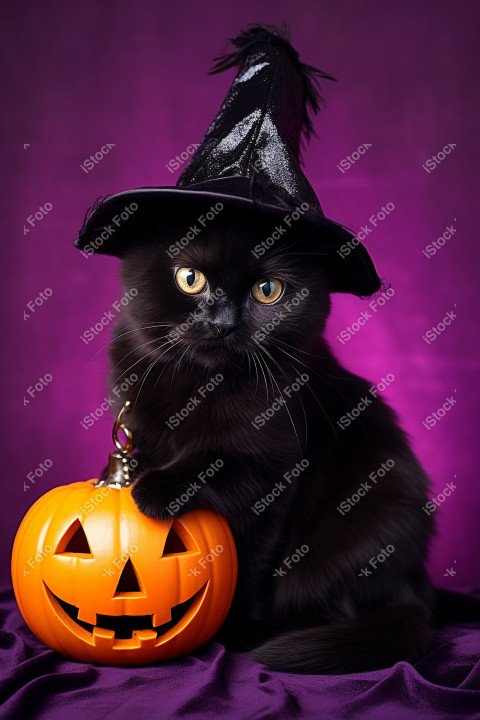 Adorable Black Cat in Halloween Costume with Evil Pumpkins