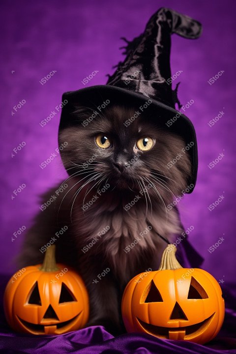 Adorable Black Cat in Halloween Costume with Evil Pumpkins