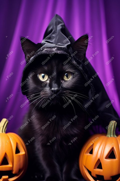 Adorable Black Cat in Halloween Costume with Evil Pumpkins
