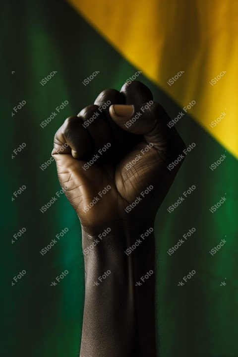 Uma imagem poderosa com um punho preto levantado ao fundo a bandeira do brasil, Gerado com IA (8)