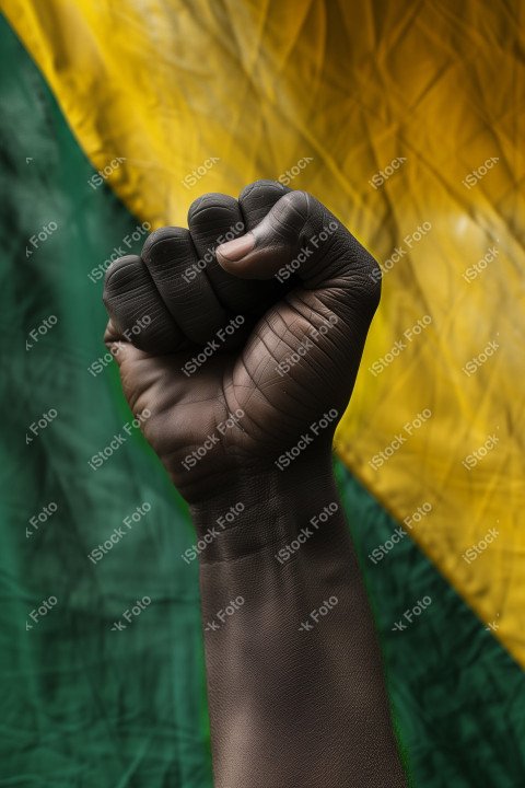 Uma imagem poderosa com um punho preto levantado ao fundo a bandeira do brasil, Gerado com IA (4)