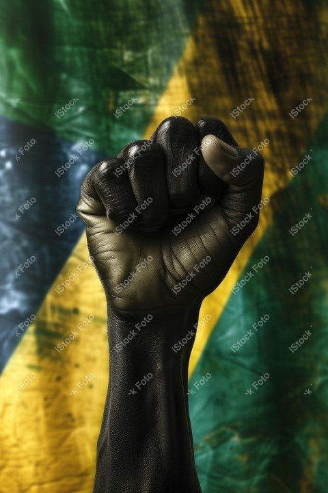 Uma imagem poderosa com um punho preto levantado ao fundo a bandeira do brasil, Gerado com IA (9)